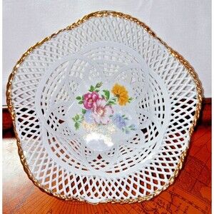 Vintage Porfin Cluj-Napoca porcelai Hand Painted Reticulated  Lace Basket w/Gold